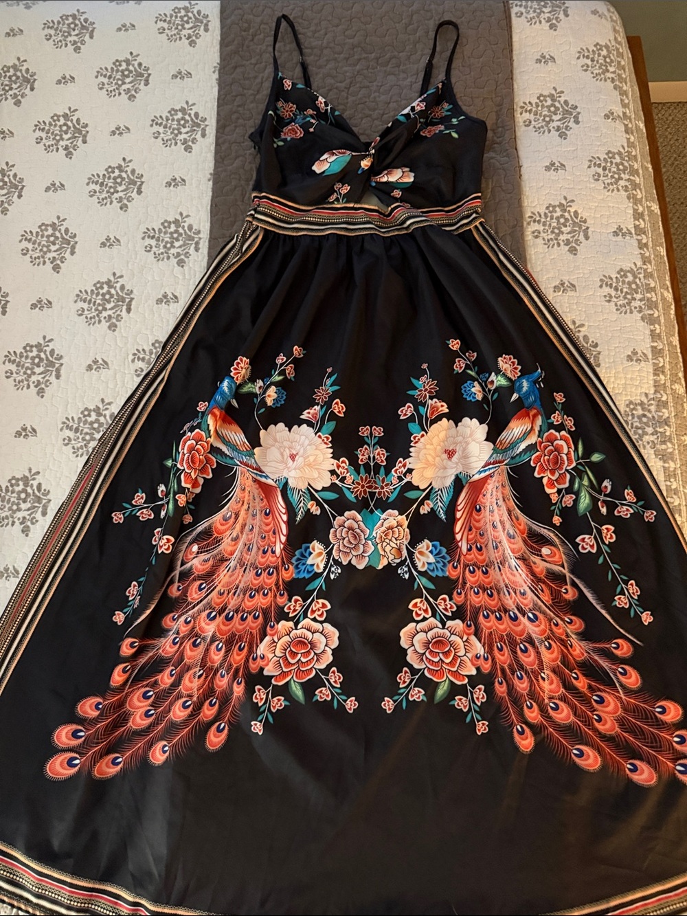 Black Floral Peacock Maxi Dress with Spaghetti Straps